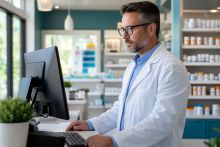 Pharmacist reviewing a price trend chart on a laptop.