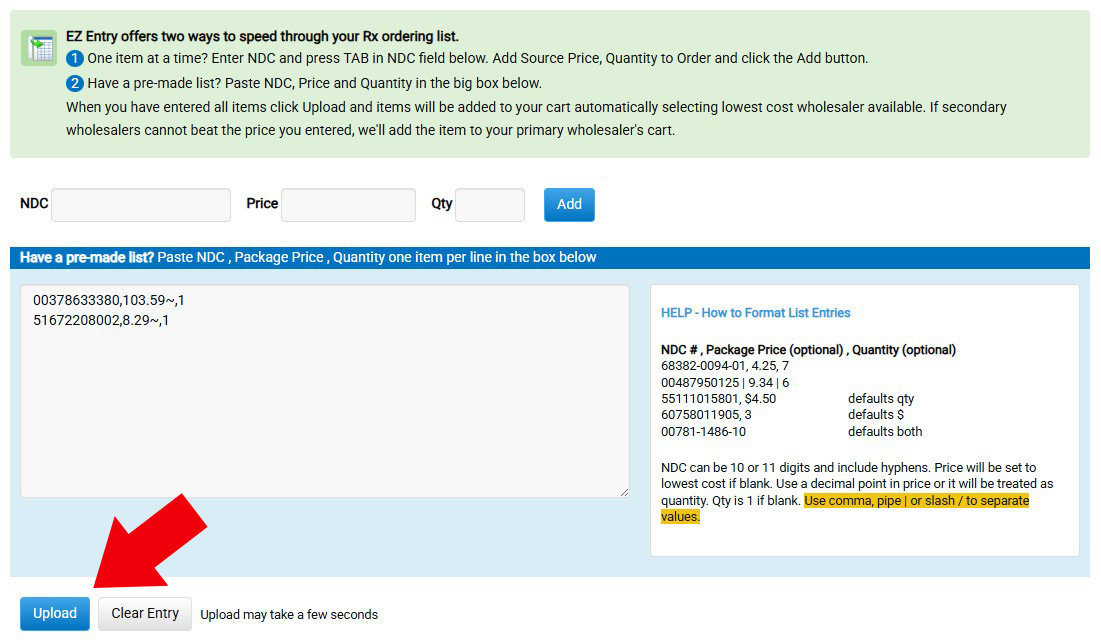 EZ Entry screen automatically populated with SKUs