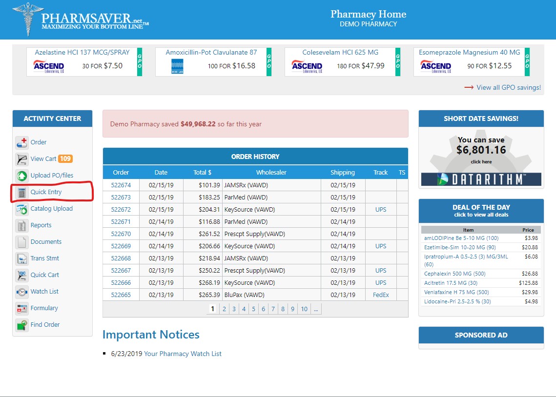 Quick Entry Pharmacy Home Page